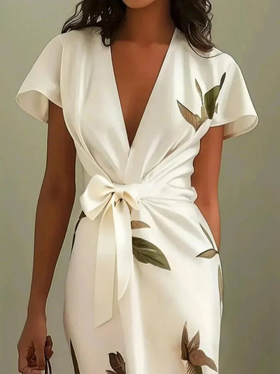 White Leaf Satin Midi Dress with Short Sleeves and Wrap Sheath Design