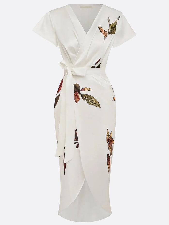 White Leaf Satin Midi Dress with Short Sleeves and Wrap Sheath Design