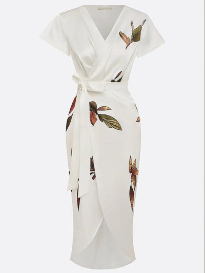 White Leaf Satin Midi Dress with Short Sleeves and Wrap Sheath Design