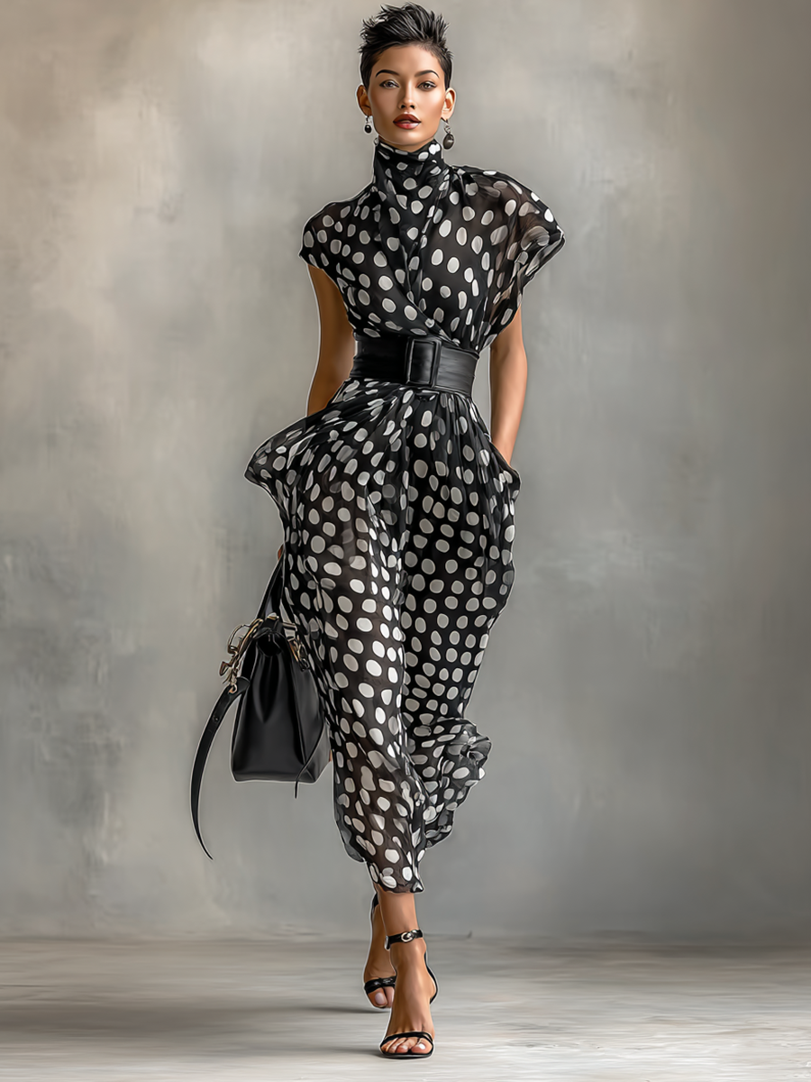 Elegant maxi chiffon polka dot dress with a refined turtleneck