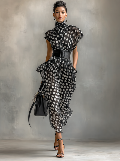 Elegant maxi chiffon polka dot dress with a refined turtleneck