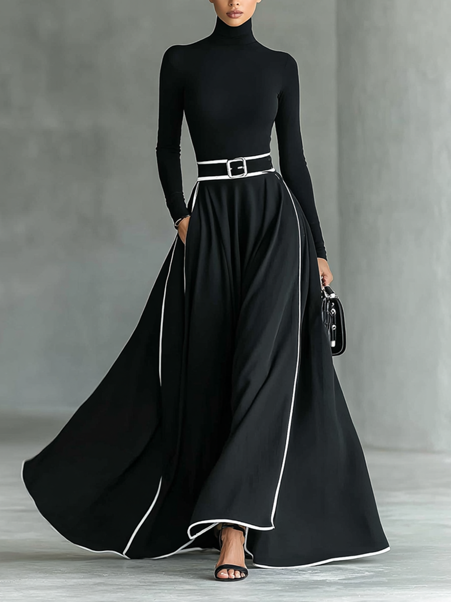 Elegant Black Maxi Dress with White Stitching, High Neck, Long Sleeves, and Slim Waist for a Sophisticated Look