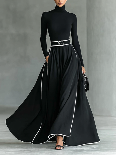 Elegant Black Maxi Dress with White Stitching, High Neck, Long Sleeves, and Slim Waist for a Sophisticated Look