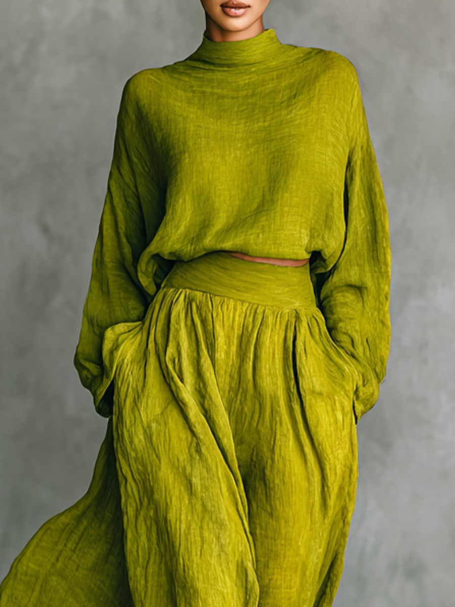 Elegant women's complete set in green cotton and linen, style and comfort in a single set