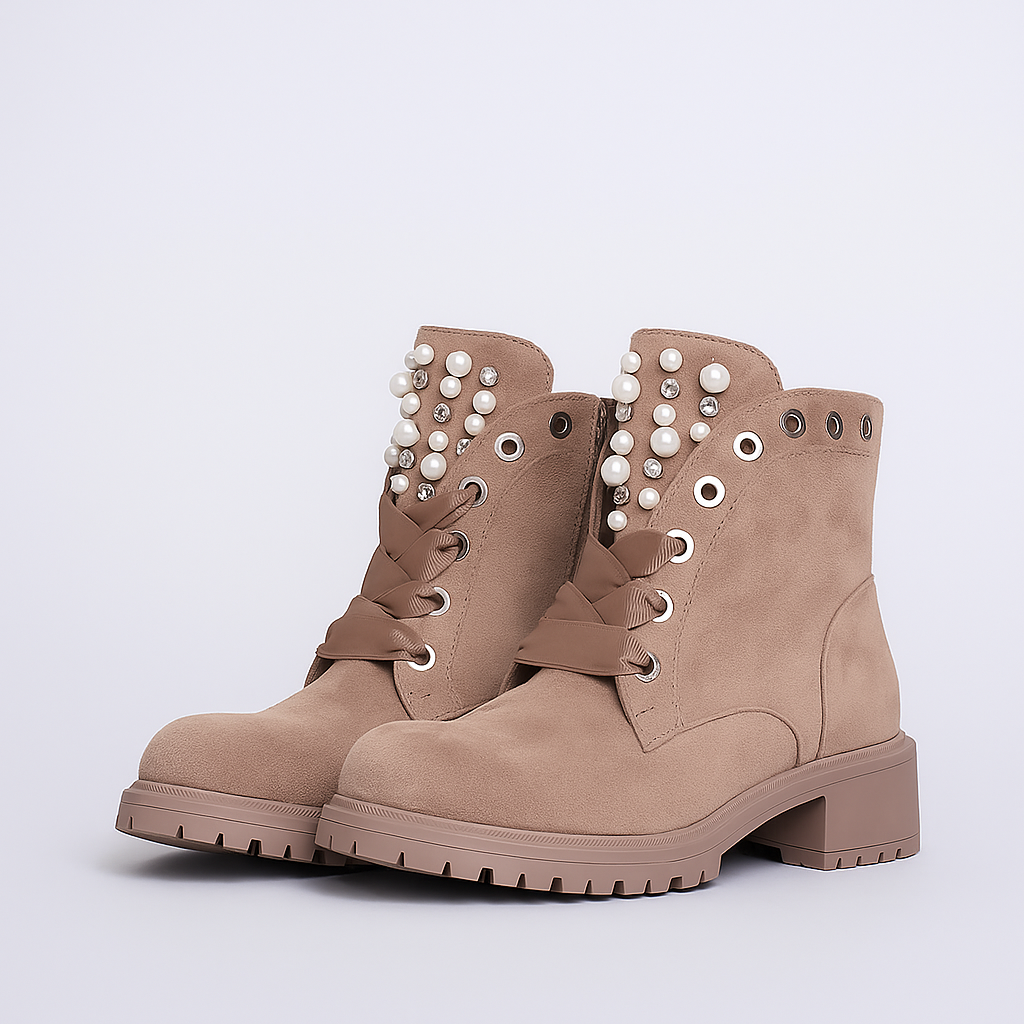 LEANNA™ – Mud Ankle Boots with Beads and Rhinestones