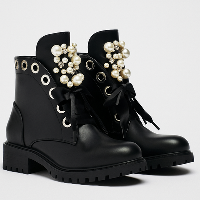 LEANNA™ – Mud Ankle Boots with Beads and Rhinestones