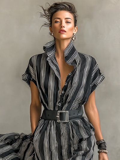 Maxi Striped Chiffon Dress with Collar Short Sleeves and Belt for an Elegant and Casual Look Women