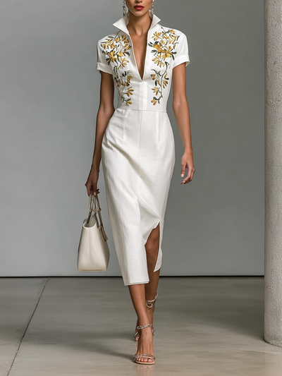 Elegant Women's Midi Dress with Embroidery V-Neck and Short Sleeves for a Sophisticated Style