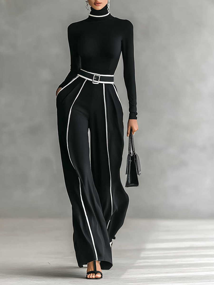 Elegant Women's 2-Piece Set with High Collar Top, Long Sleeves, Wide Leg Pants, and Slim Waist
