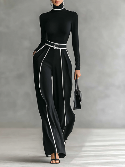 Elegant Women's 2-Piece Set with High Collar Top, Long Sleeves, Wide Leg Pants, and Slim Waist