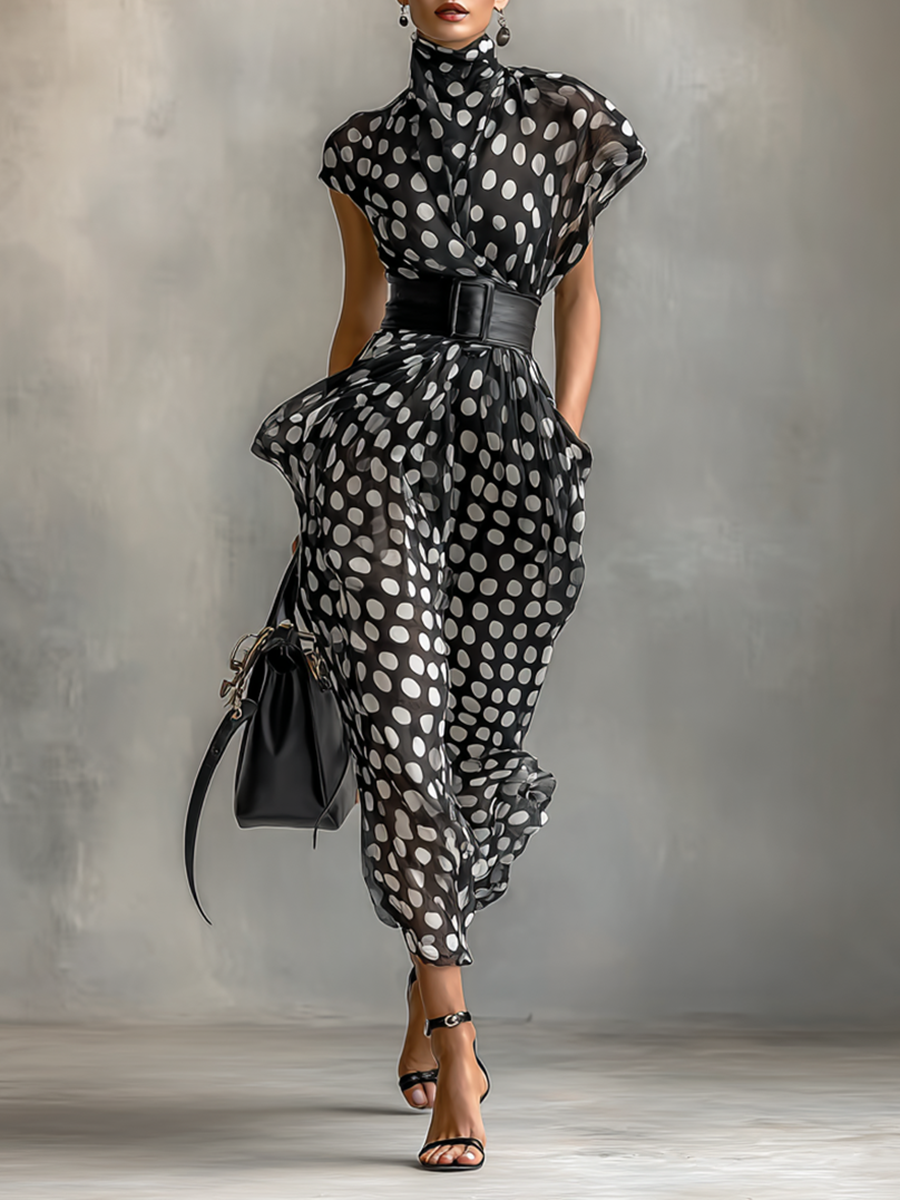 Elegant maxi chiffon polka dot dress with a refined turtleneck