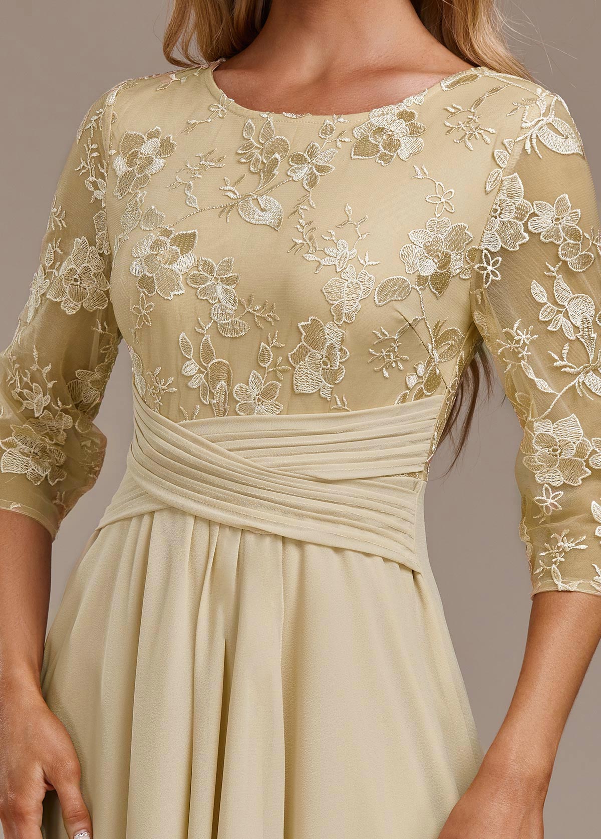 Karla™ | Champagne Embroidery 3/4 Sleeve Round Neck Dress