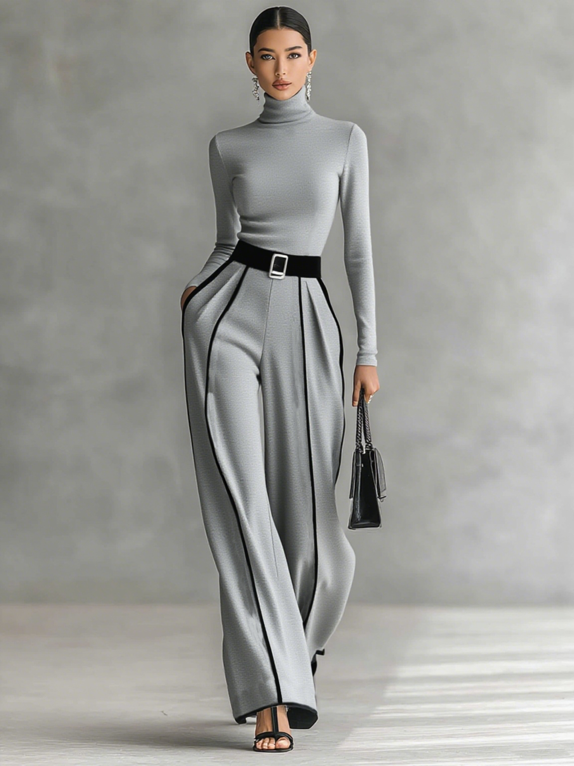 Elegant Women's 2-Piece Set with High Collar Top, Long Sleeves, Wide Leg Pants, and Slim Waist