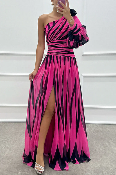 Shiloh - Chic Striped One-Shoulder Maxi Dress