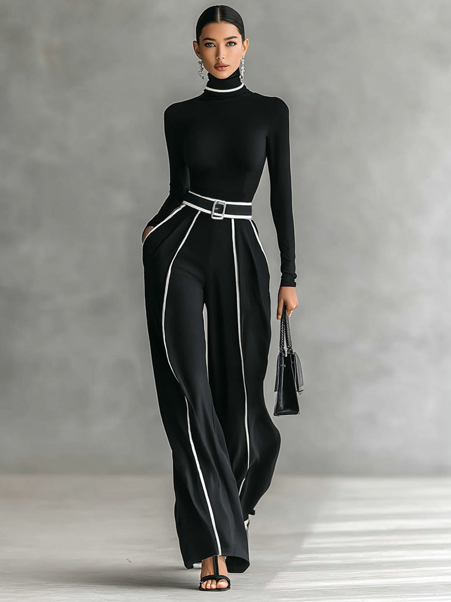 Elegant Women's 2-Piece Set with High Collar Top, Long Sleeves, Wide Leg Pants, and Slim Waist