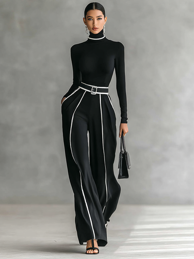 Elegant Women's 2-Piece Set with High Collar Top, Long Sleeves, Wide Leg Pants, and Slim Waist