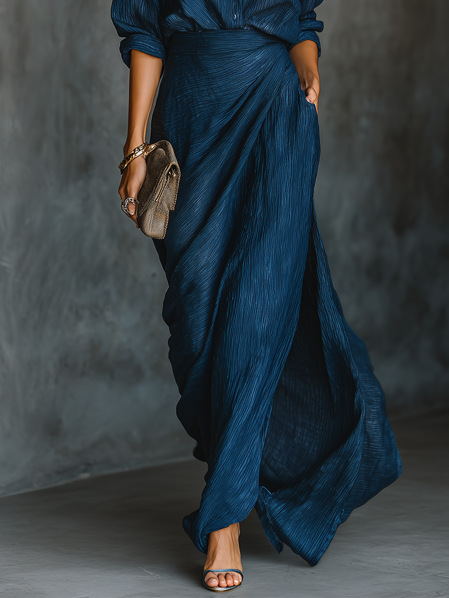 Elegant Navy Blue Cotton and Linen Long Skirt and Shirt Set for a Sophisticated Style