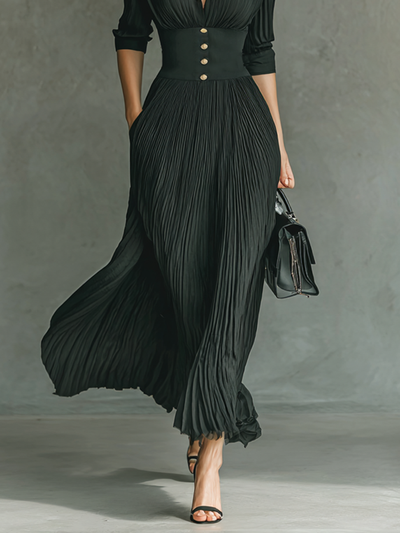 Elegant Maxi Long Dress with Long Sleeves, V-Neckline, and Sophisticated Pleats