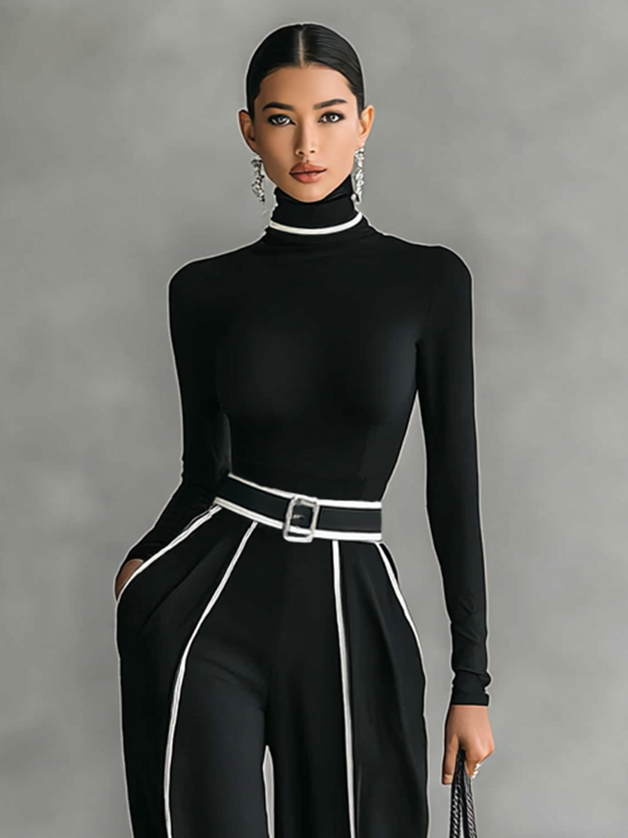 Elegant Women's 2-Piece Set with High Collar Top, Long Sleeves, Wide Leg Pants, and Slim Waist