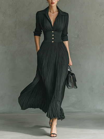 Elegant Maxi Long Dress with Long Sleeves, V-Neckline, and Sophisticated Pleats