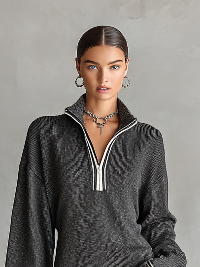 Soft Knit Mini Dress with Polo Collar and Zipper - Perfect for a Casual and Elegant Look