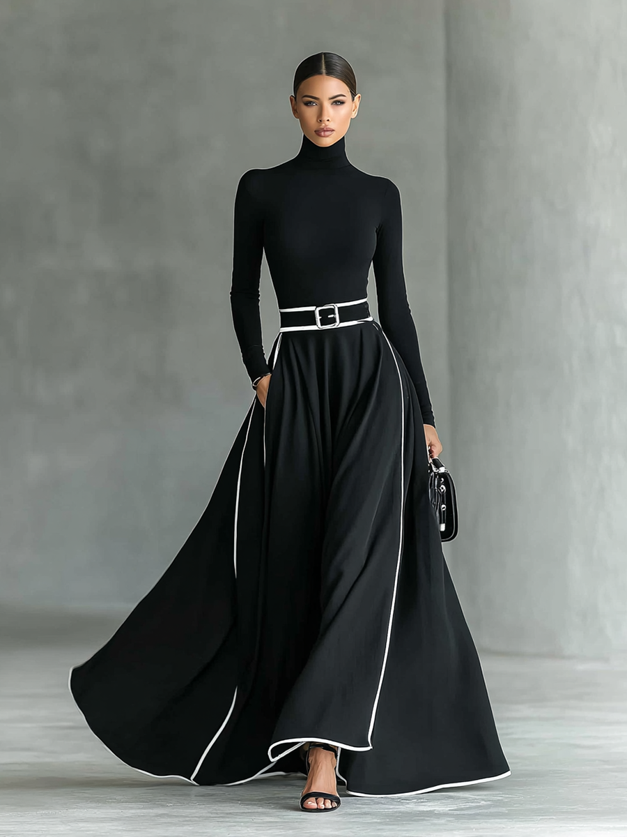 Elegant Black Maxi Dress with White Stitching, High Neck, Long Sleeves, and Slim Waist for a Sophisticated Look