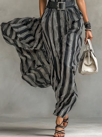 Maxi Striped Chiffon Dress with Collar Short Sleeves and Belt for an Elegant and Casual Look Women