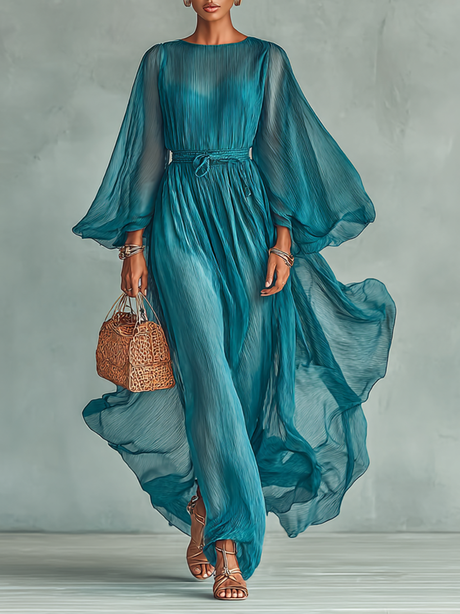 Elegant Maxi Chiffon Dress with Round Neckline and Long Sleeves, Adjustable Waist Perfect for Every Occasion