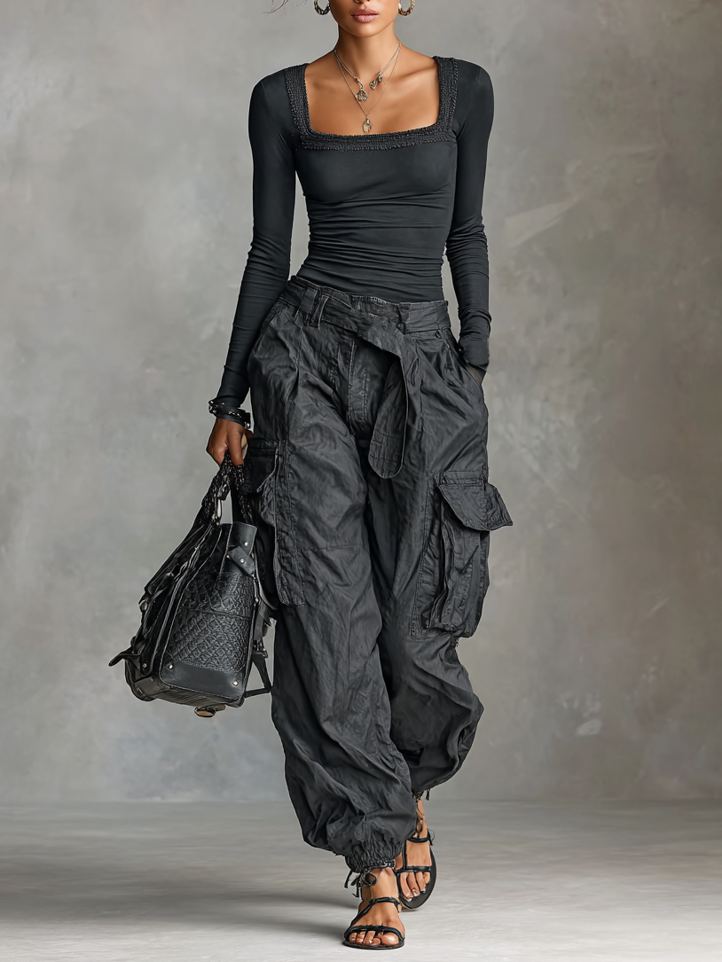 Elegant Two-Piece Set with Long Sleeve Square Neck T-Shirt and Comfortable Cargo Pants with Multiple Pockets