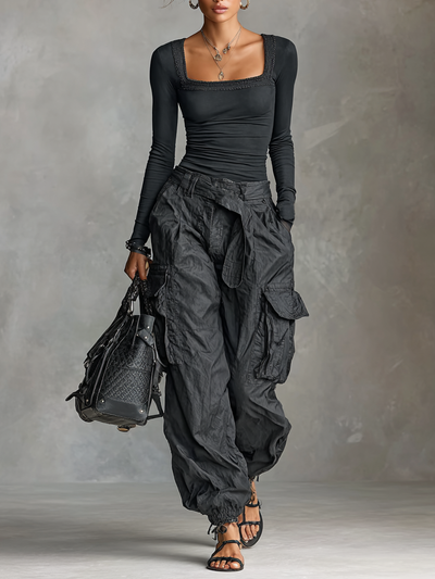 Elegant Two-Piece Set with Long Sleeve Square Neck T-Shirt and Comfortable Cargo Pants with Multiple Pockets