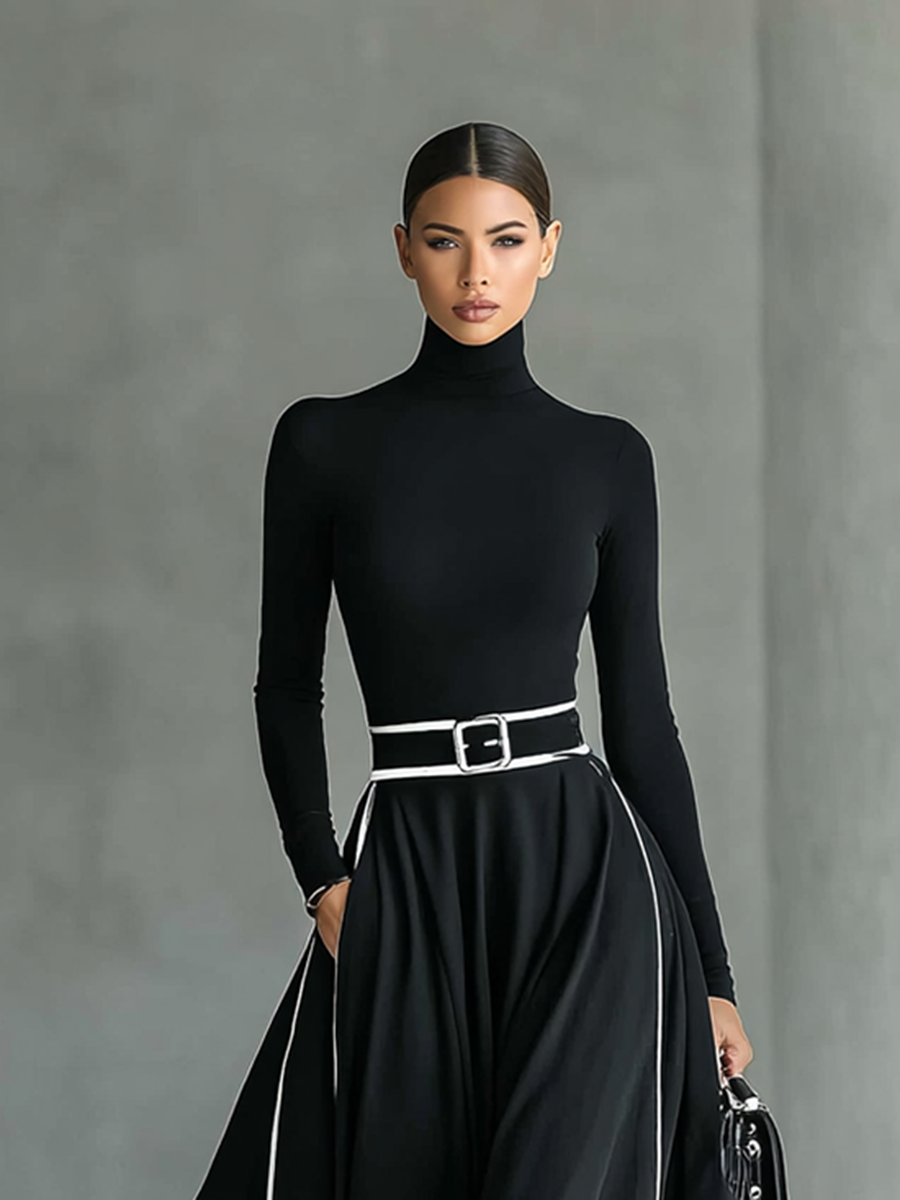 Elegant Black Maxi Dress with White Stitching, High Neck, Long Sleeves, and Slim Waist for a Sophisticated Look