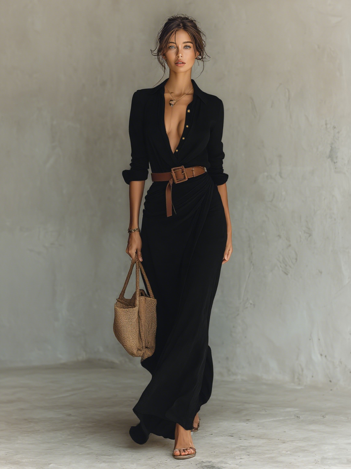 Elegant Long Maxi Dress with Collar and Belt Included for a Refined Style