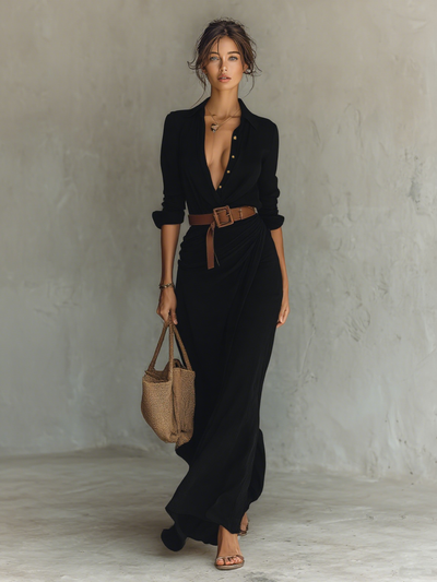 Elegant Long Maxi Dress with Collar and Belt Included for a Refined Style