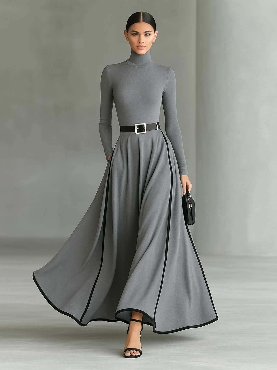 Elegant Black Maxi Dress with White Stitching, High Neck, Long Sleeves, and Slim Waist for a Sophisticated Look