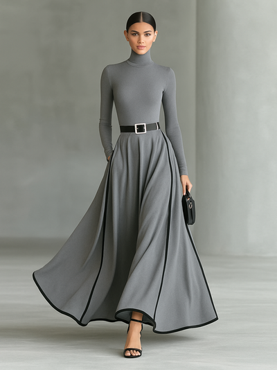Elegant Black Maxi Dress with White Stitching, High Neck, Long Sleeves, and Slim Waist for a Sophisticated Look