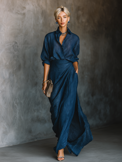 Elegant Navy Blue Cotton and Linen Long Skirt and Shirt Set for a Sophisticated Style