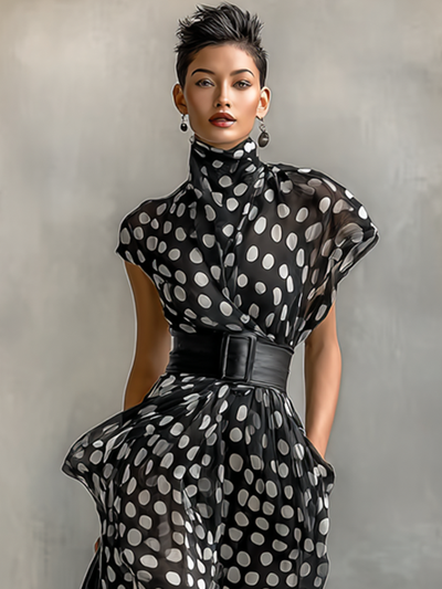 Elegant maxi chiffon polka dot dress with a refined turtleneck