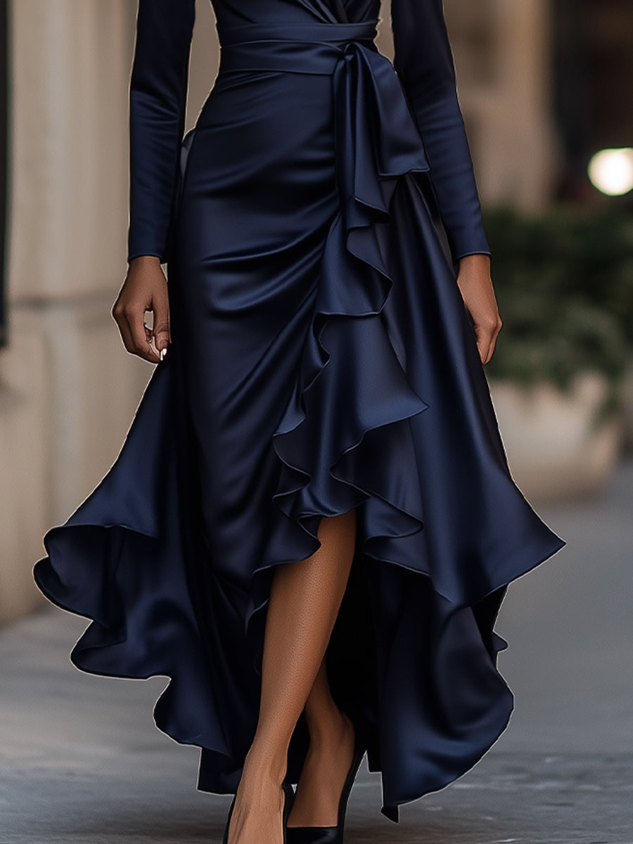 Luna - Elegant Maxi Satin Dress with Ruffles for a Refined Style