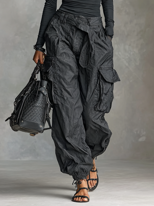 Elegant Two-Piece Set with Long Sleeve Square Neck T-Shirt and Comfortable Cargo Pants with Multiple Pockets