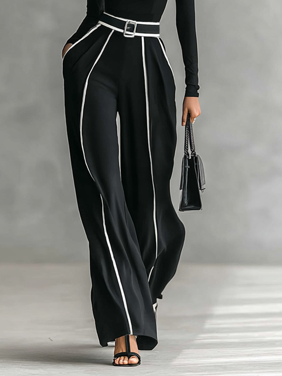 Elegant Women's 2-Piece Set with High Collar Top, Long Sleeves, Wide Leg Pants, and Slim Waist