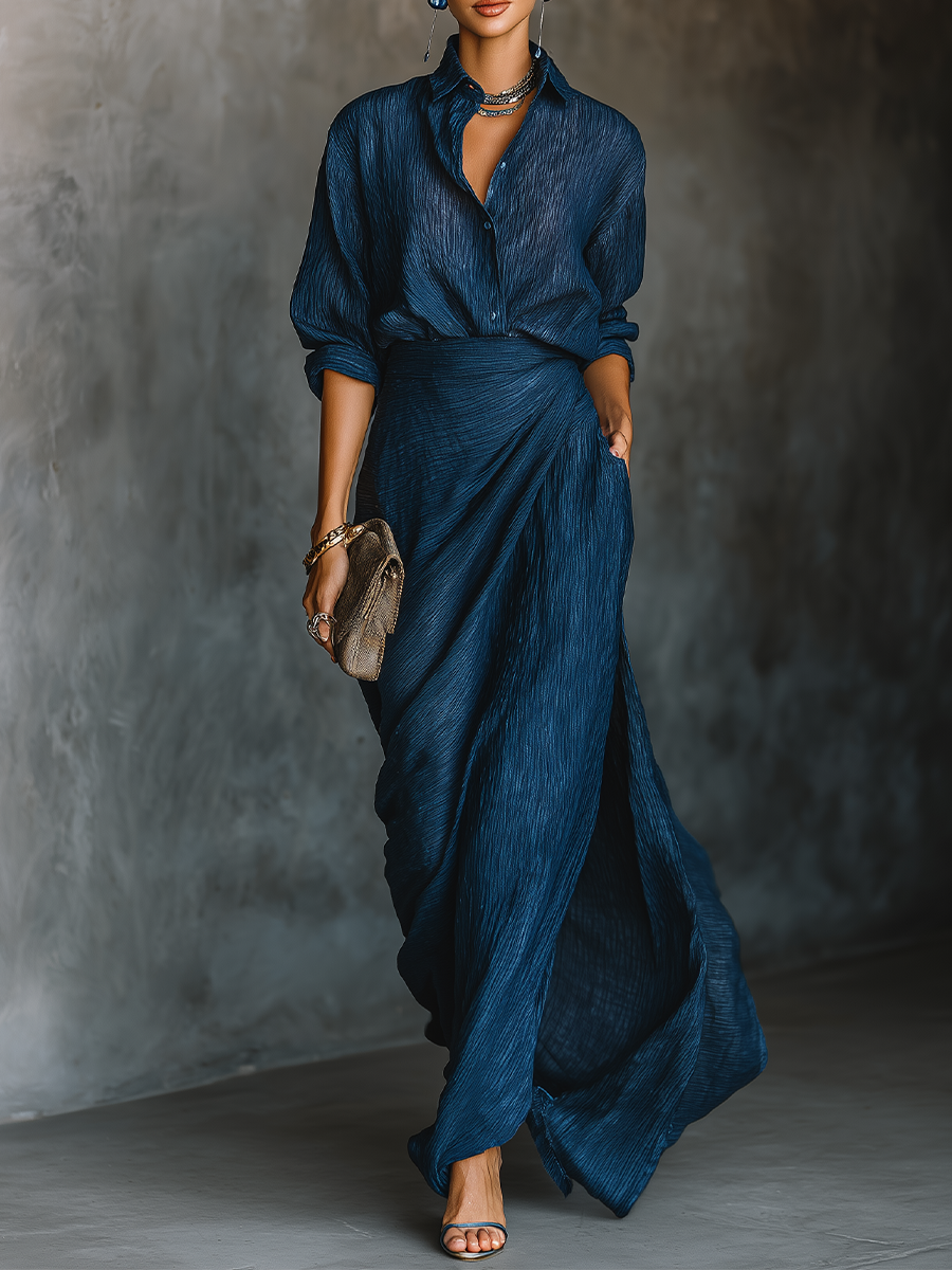 Elegant Navy Blue Cotton and Linen Long Skirt and Shirt Set for a Sophisticated Style