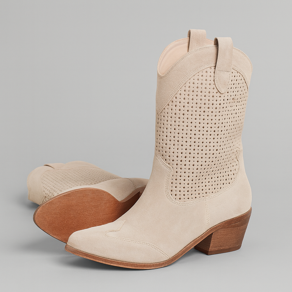 DIDA™ – Western Ankle Boots in Perforated Raccoon Leather with Block Heel