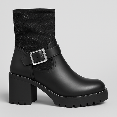 ADANA™ – Sort Ankle Boots with Buckle and Rhinestones