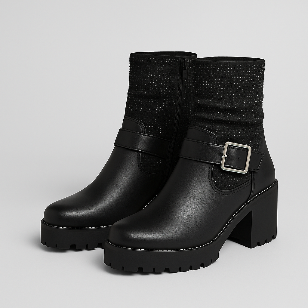 ADANA™ – Sort Ankle Boots with Buckle and Rhinestones
