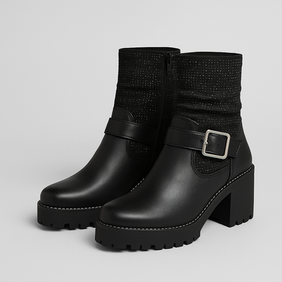 ADANA™ – Sort Ankle Boots with Buckle and Rhinestones