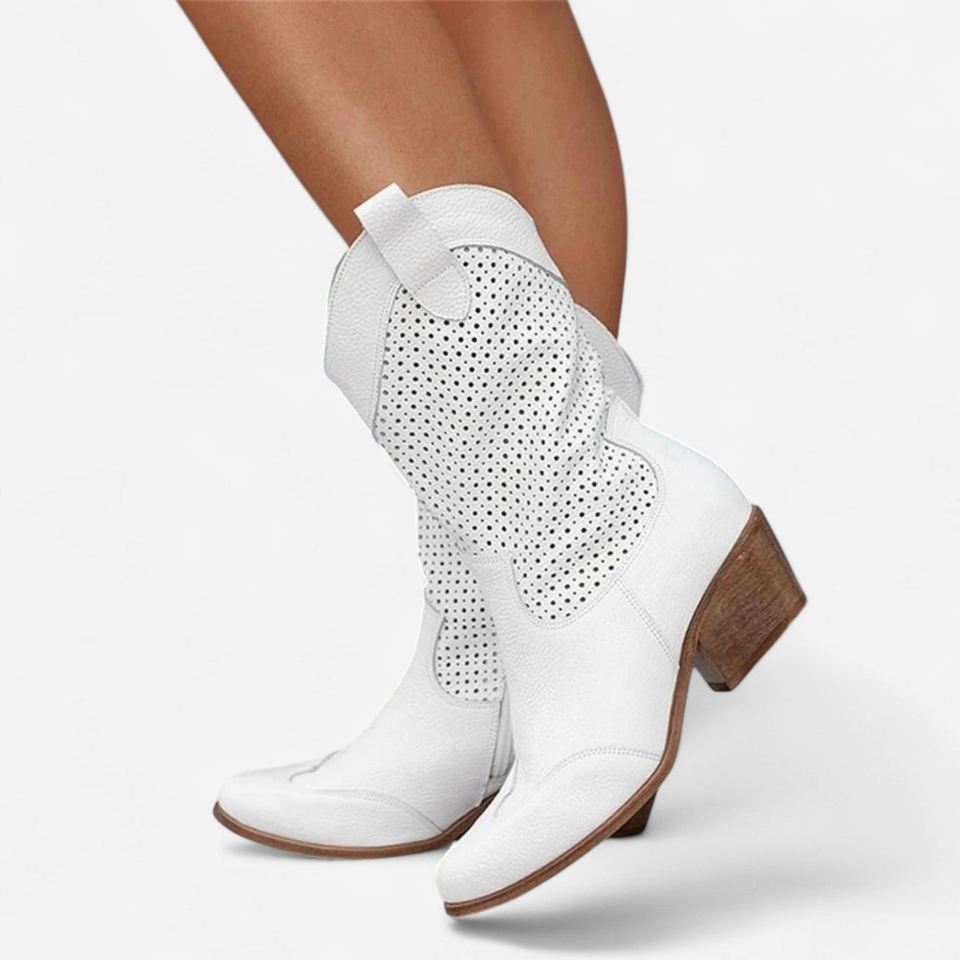 DIDA™ – Western Ankle Boots in Perforated Raccoon Leather with Block Heel