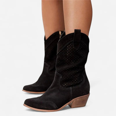 DIDA™ – Western Ankle Boots in Perforated Raccoon Leather with Block Heel