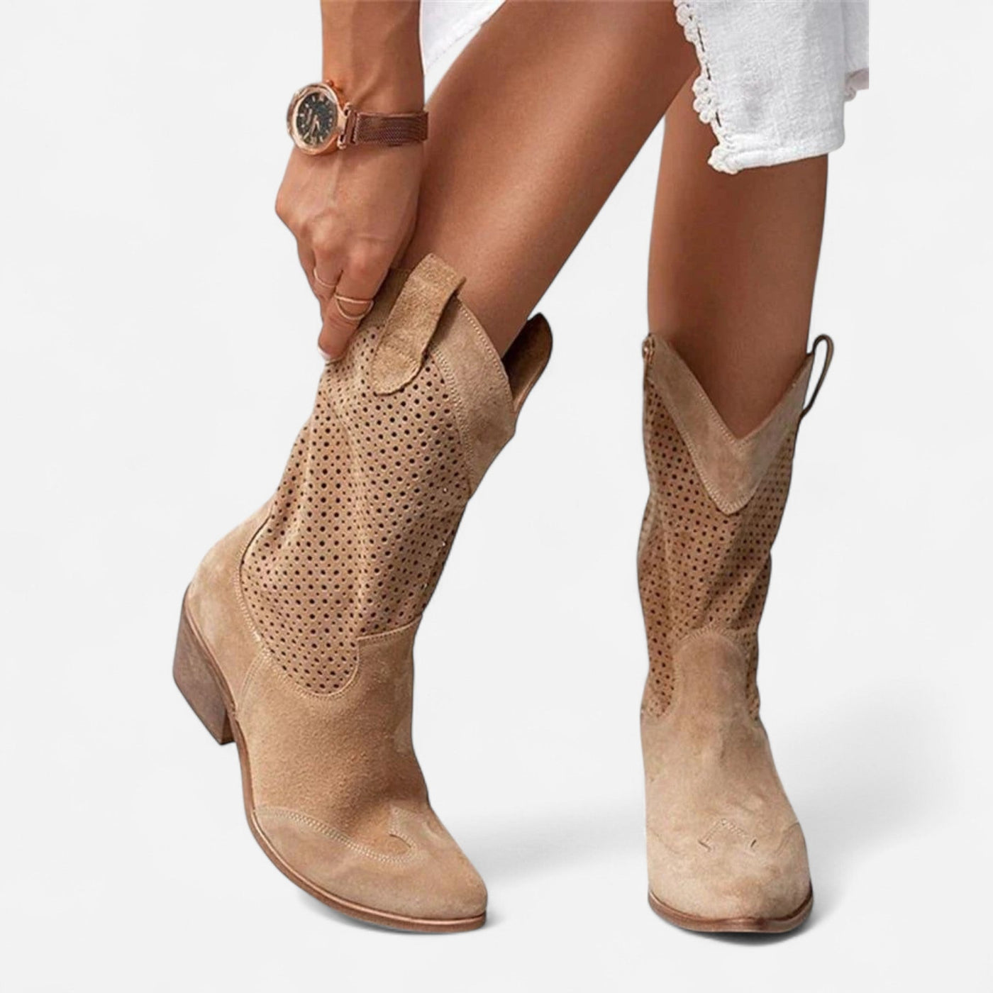 DIDA™ – Western Ankle Boots in Perforated Raccoon Leather with Block Heel