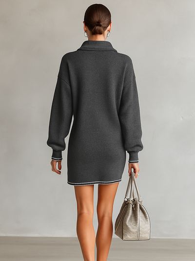 Soft Knit Mini Dress with Polo Collar and Zipper - Perfect for a Casual and Elegant Look
