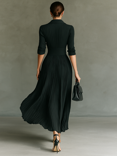 Elegant Maxi Long Dress with Long Sleeves, V-Neckline, and Sophisticated Pleats